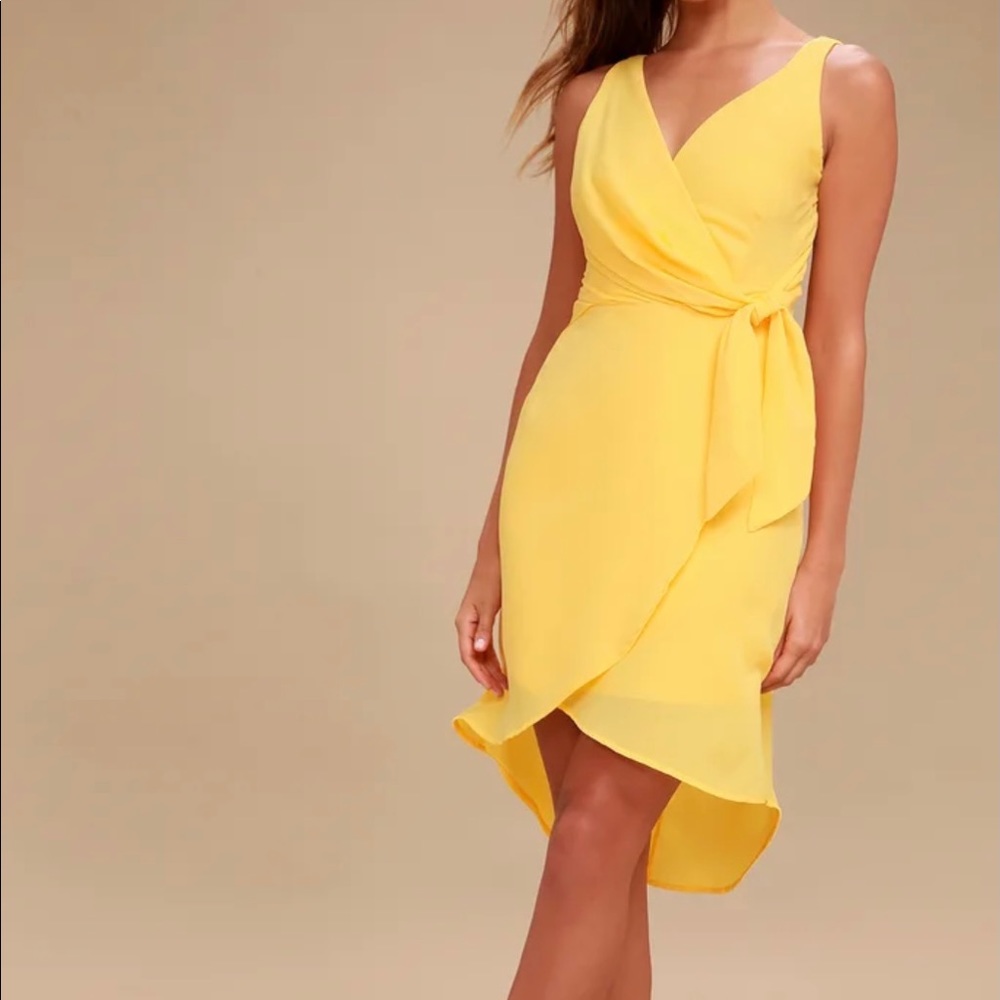 LuLus Baldwin Yellow High-Low Wrap Midi Dress NWT